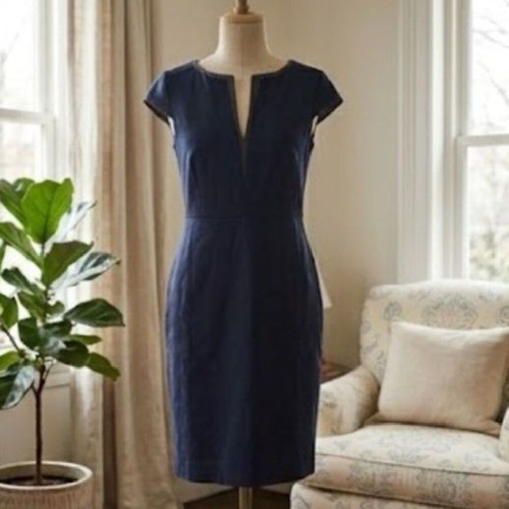 Max Mara Blue Virgin Wool Silk Trim Knee Length Dress Size S US 4